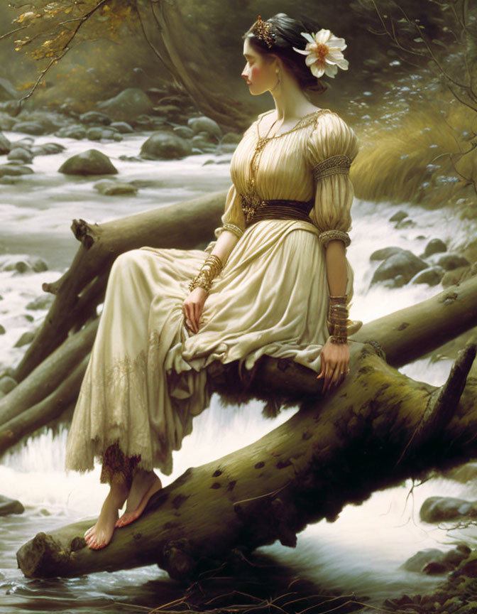 Vintage woman in cream dress with gold accessories sitting on log by forest stream.