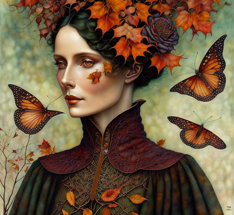 Woman with Autumn Leaves and Monarch Butterflies in Rich Color Palette