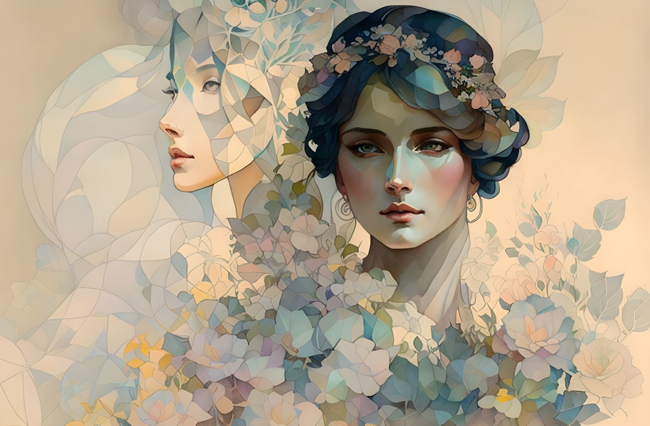 Illustrated portrait of two women with floral elements and pastel colors