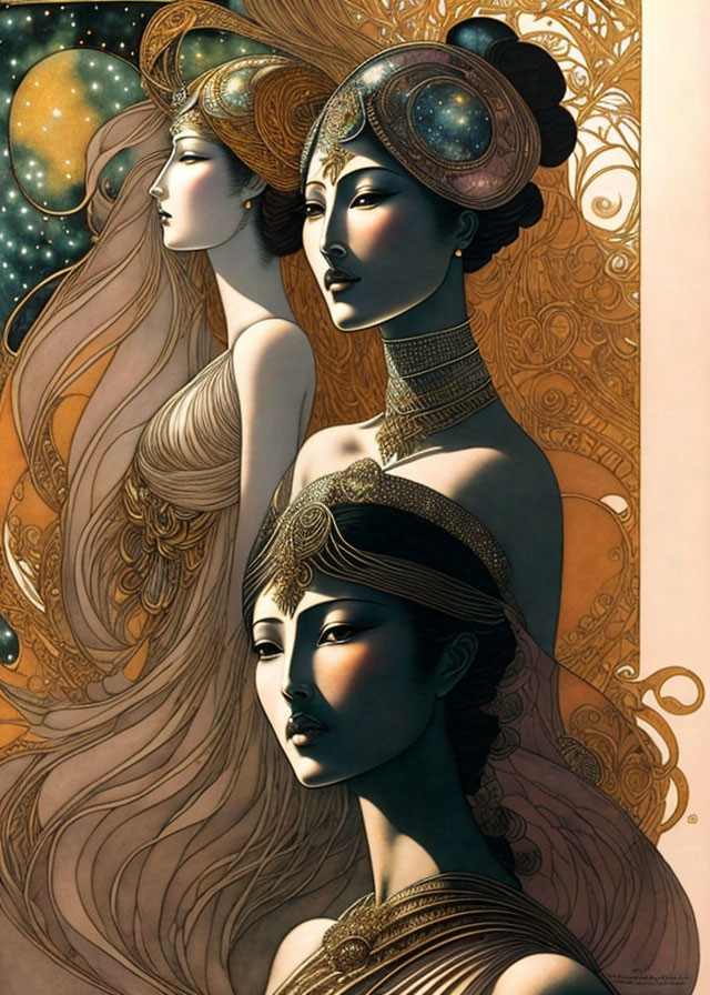 Stylized women with elaborate headdresses and jewelry on golden background