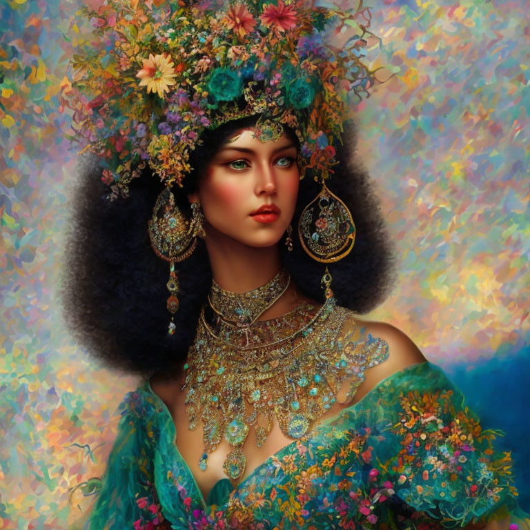 Portrait of a Woman with Floral Headdress and Jewelry on Colorful Background