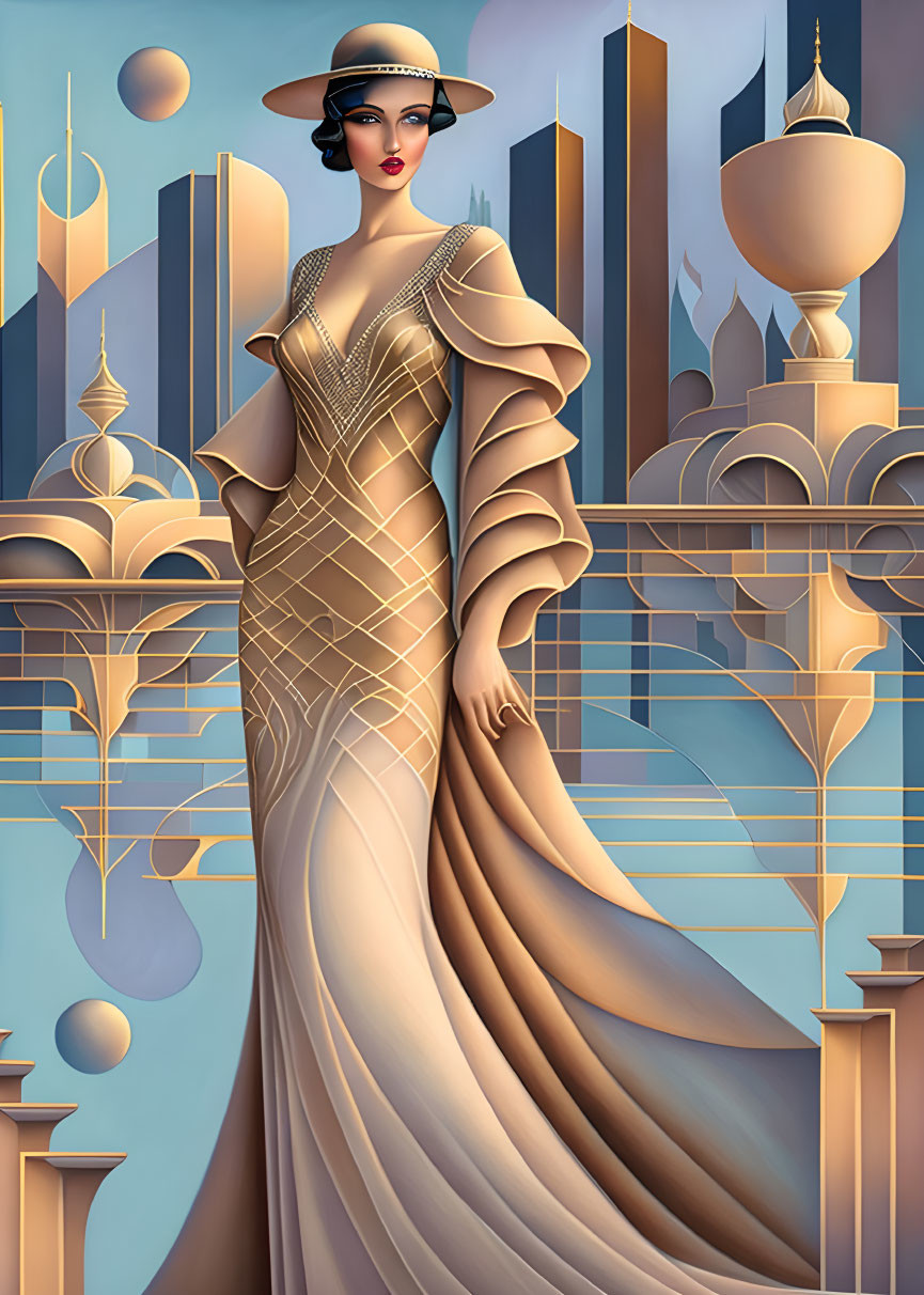 Art deco style illustration of elegant woman in flowing gown with cityscape background and geometric patterns.