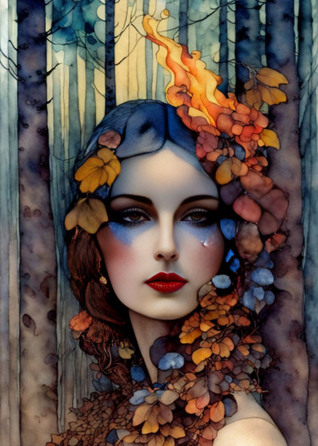 Surreal portrait of woman with orange hair and blue skin