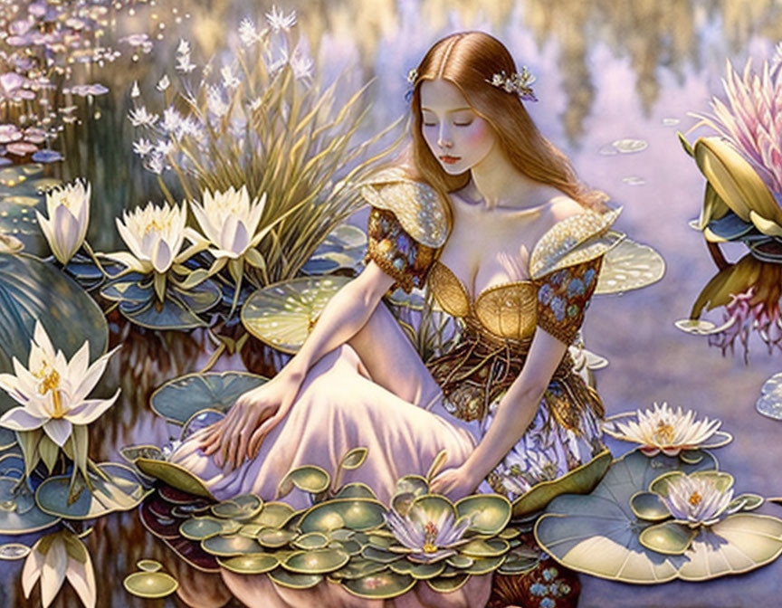 Detailed illustration of fairy-like woman in waterlily pond surrounded by flowers