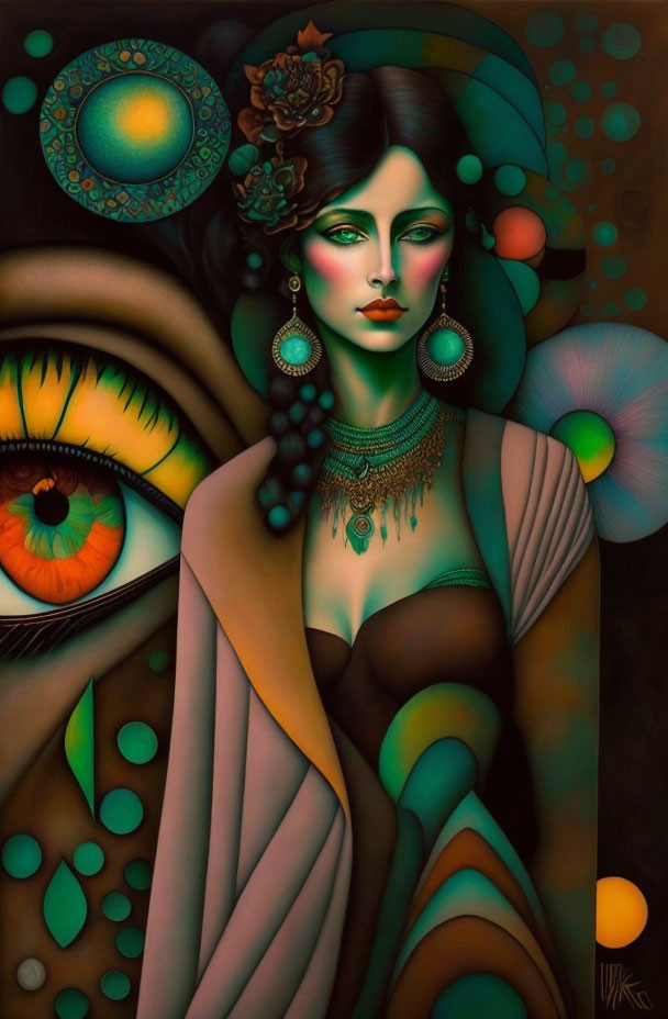 Abstract artwork featuring woman with stylized features and abstract shapes in warm colors.