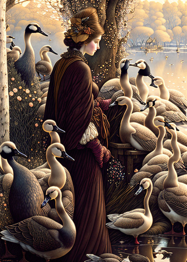 Woman in brown dress with geese by lake at dusk