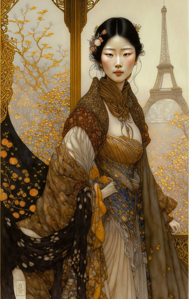 Elegant woman in traditional attire with Eiffel Tower backdrop