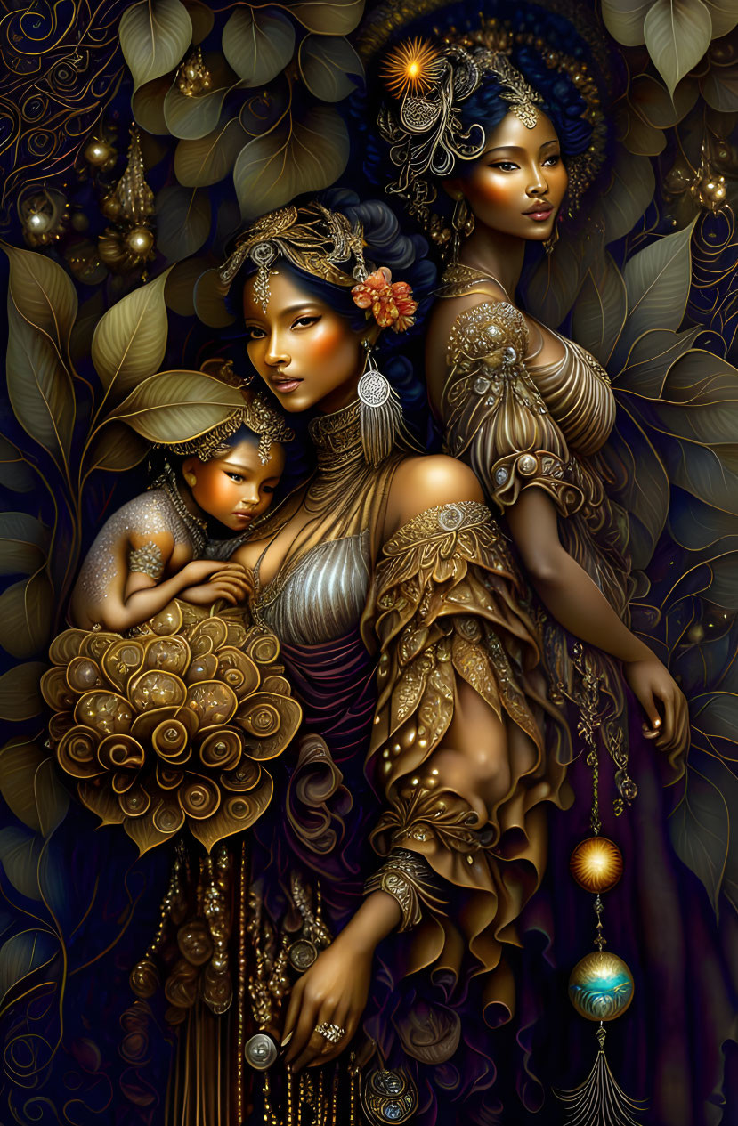 Ethereal women in ornate golden attire with celestial motifs