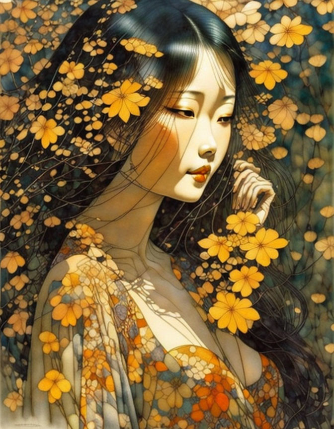 Asian woman in golden flower surroundings: mystical and ethereal.