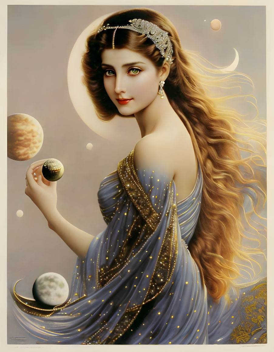 Long-haired woman holds miniature planet in celestial space portrait