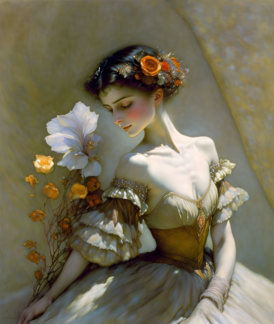 Woman portrait with flowers in hair and elegant gown among blooming flowers