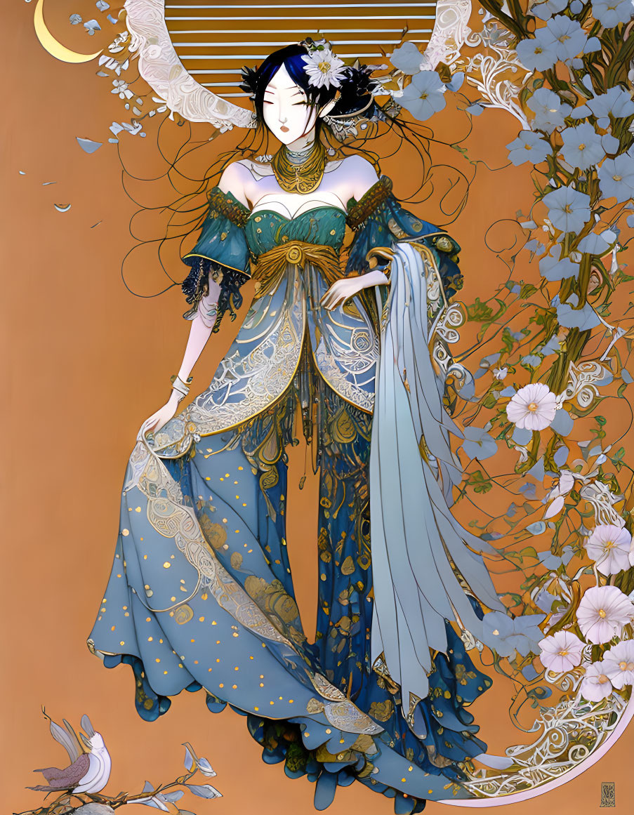 Illustrated woman in blue dress surrounded by flowers and birds