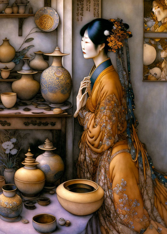 Traditional Asian attire lady surrounded by ceramic vases and bowls