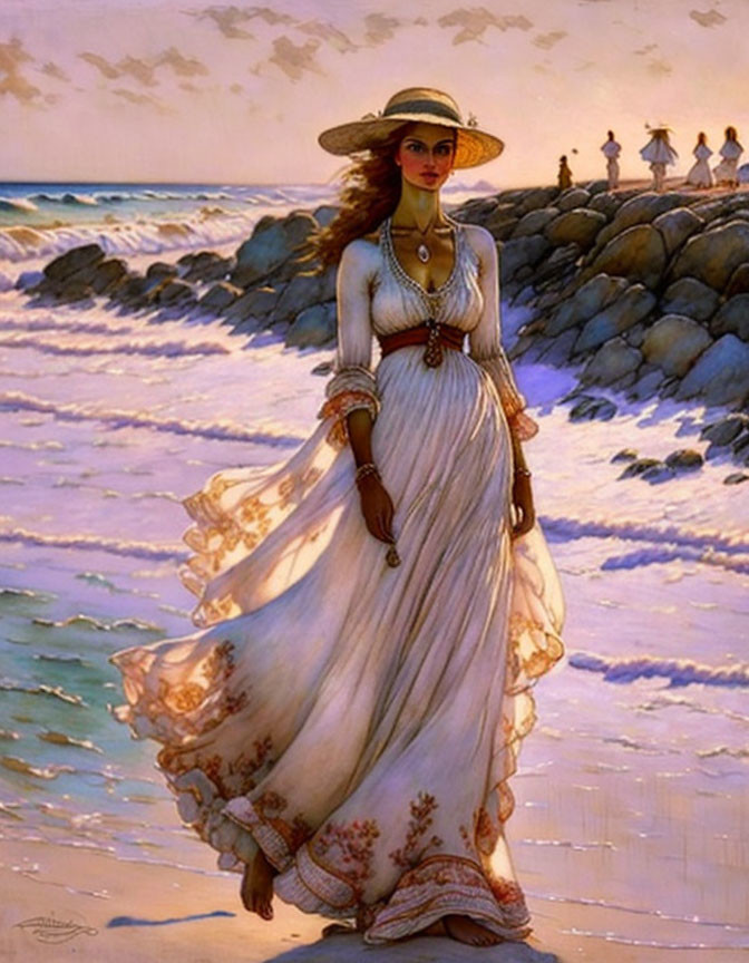 Woman in flowing white dress and hat walking by the shore with group of people and sea in background