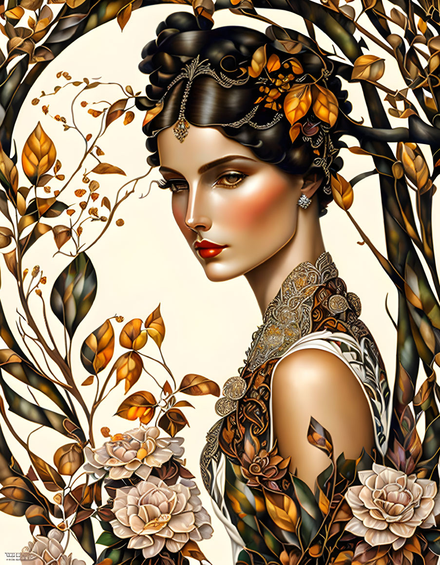 Detailed art illustration: Woman with ornate hair accessories, surrounded by golden leaves and flowers