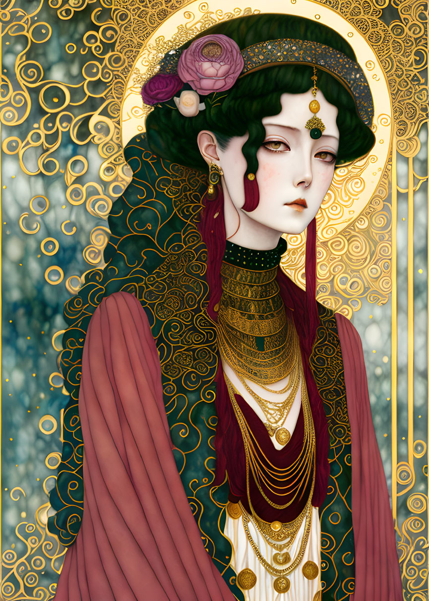 Illustrated woman with pale skin and dark hair adorned with gold jewelry and halo on decorative golden background