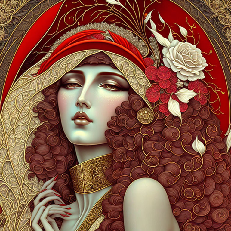 Art Nouveau Woman Illustration with Curly Hair and Red Headband