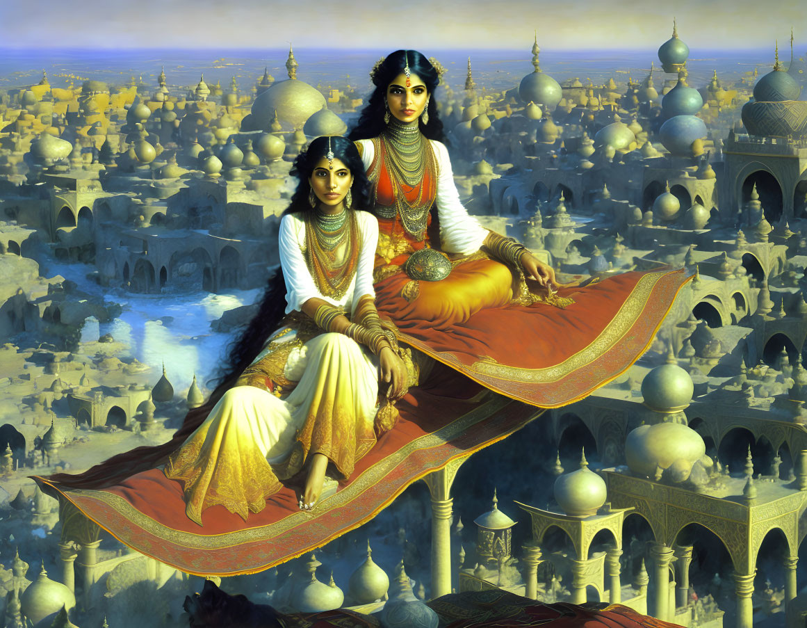 Two women on flying carpet over ancient city at sunrise/sunset