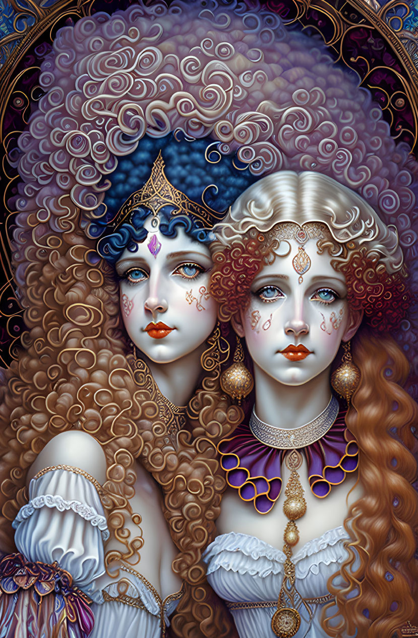 Elaborate fantasy-style female figures with ornate jewelry and detailed hair on mystical background