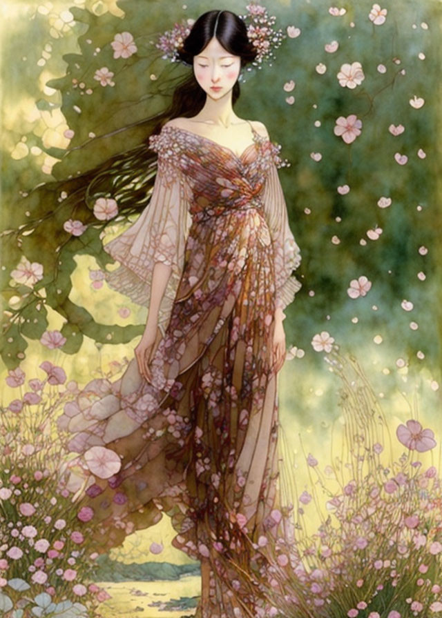 Tranquil woman in floral dress surrounded by blossoms