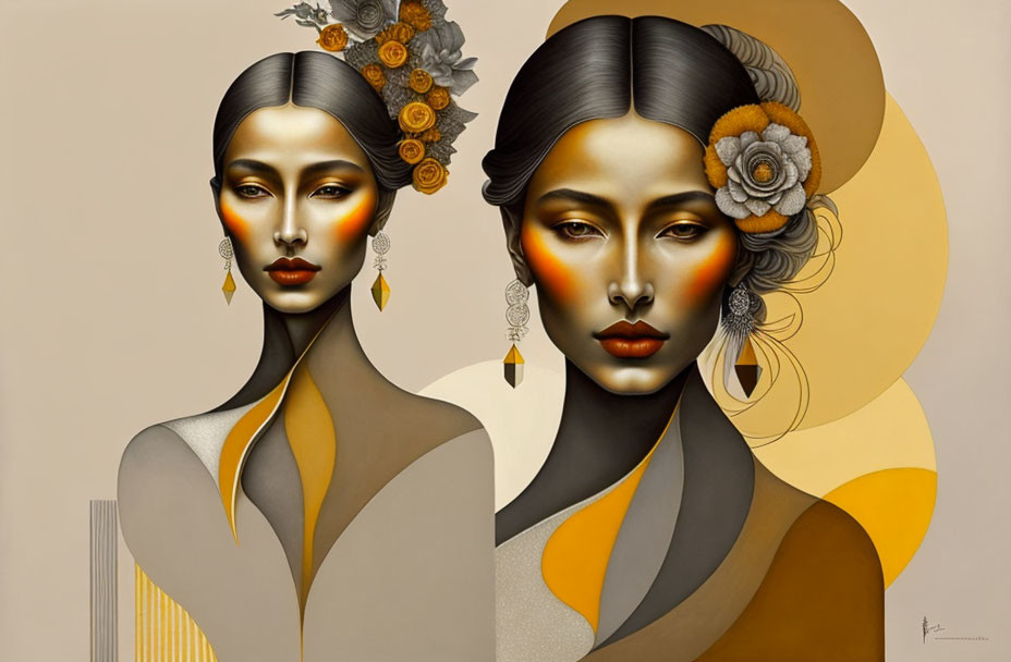 Stylized portraits of women with elongated necks and geometric clothing