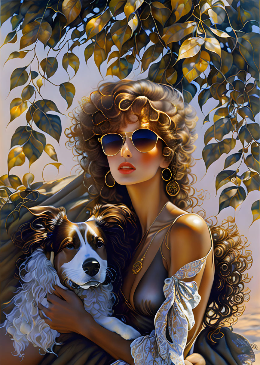 Stylized image of woman with curly hair and sunglasses holding a dog under golden leaves.