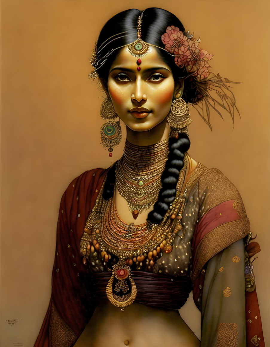 Traditional Indian Attire and Jewelry Illustration with Detailed Henna Designs