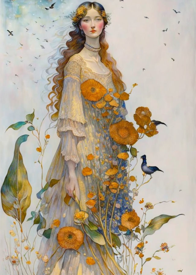 Graceful Woman in Flowing Dress with Orange Flowers Surrounded by Nature Wildlife