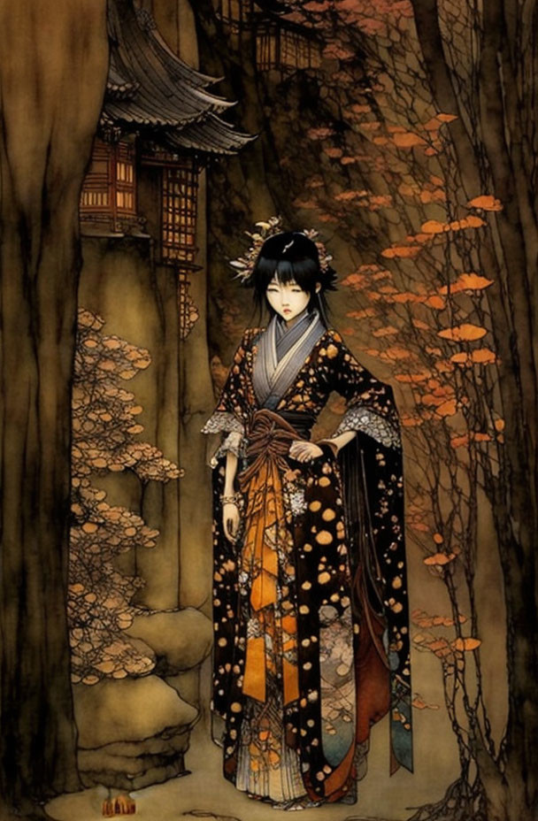 Illustration of person in traditional Japanese attire among autumn trees and temple.