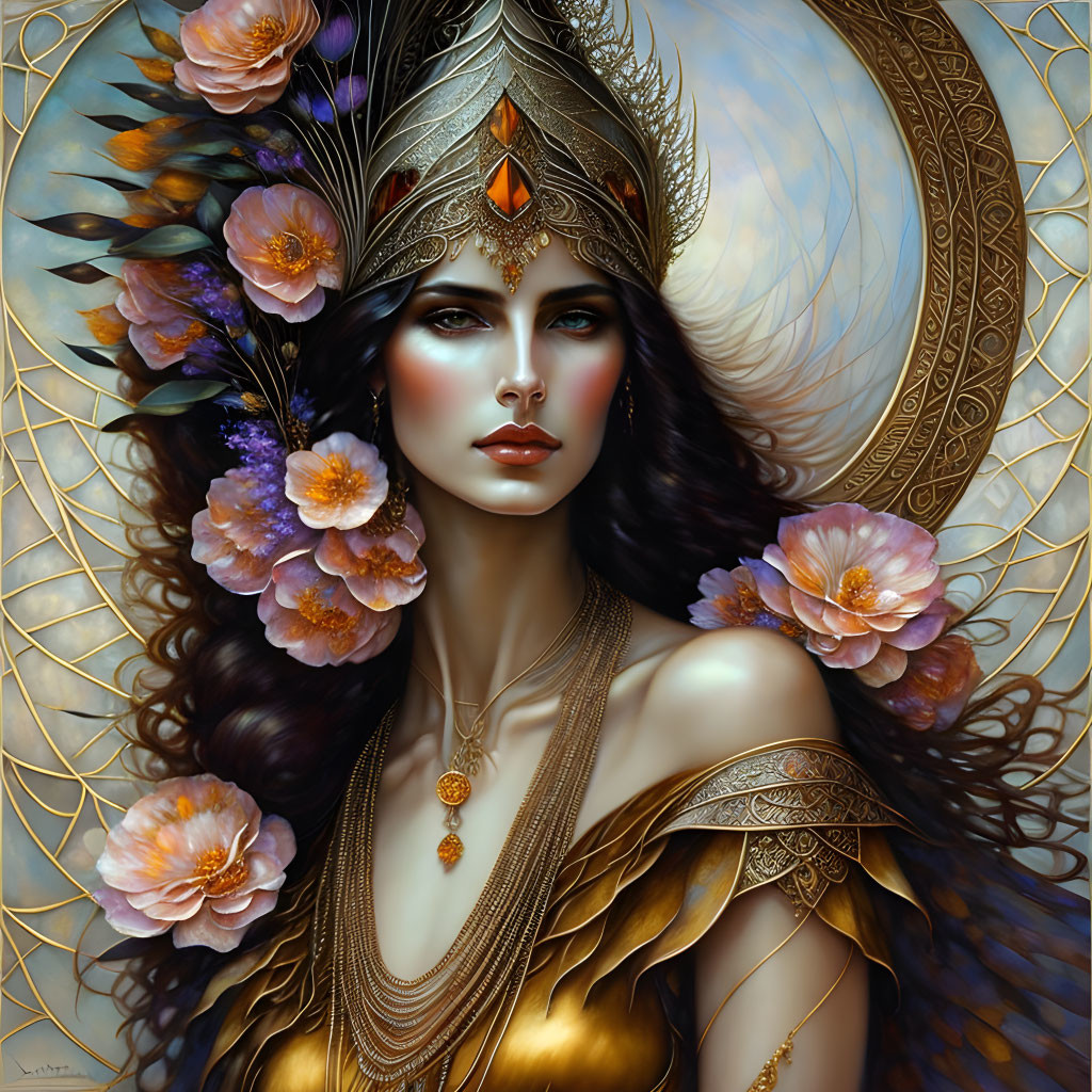 Elaborate headdress and jewelry on artistic woman portrait