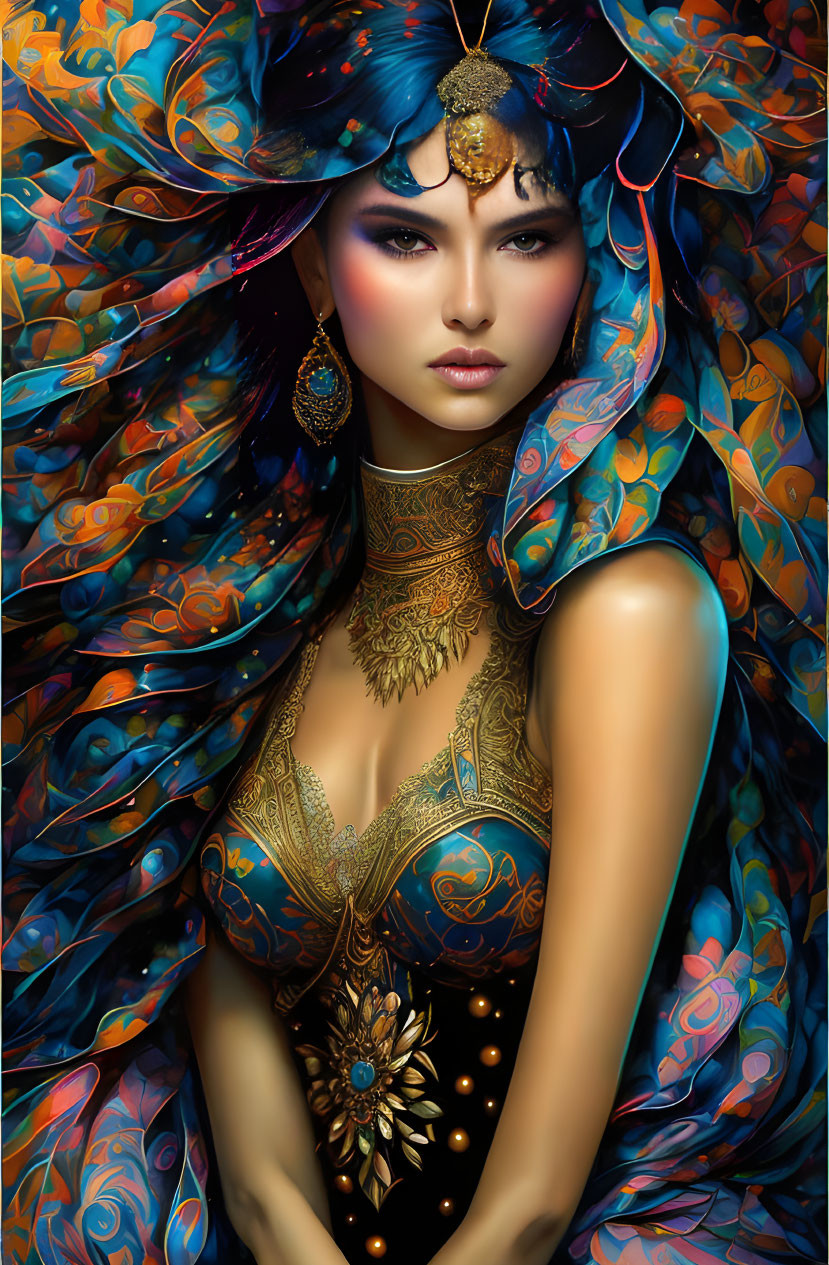 Vibrant digital artwork of woman with blue hair and gold jewelry in contemplation