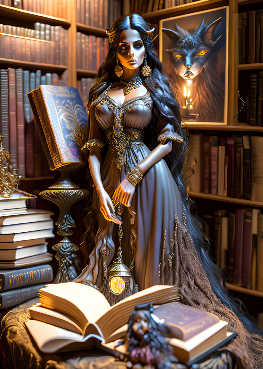 Fantasy illustration: Elegant woman with dark hair and pointed ears in library scene