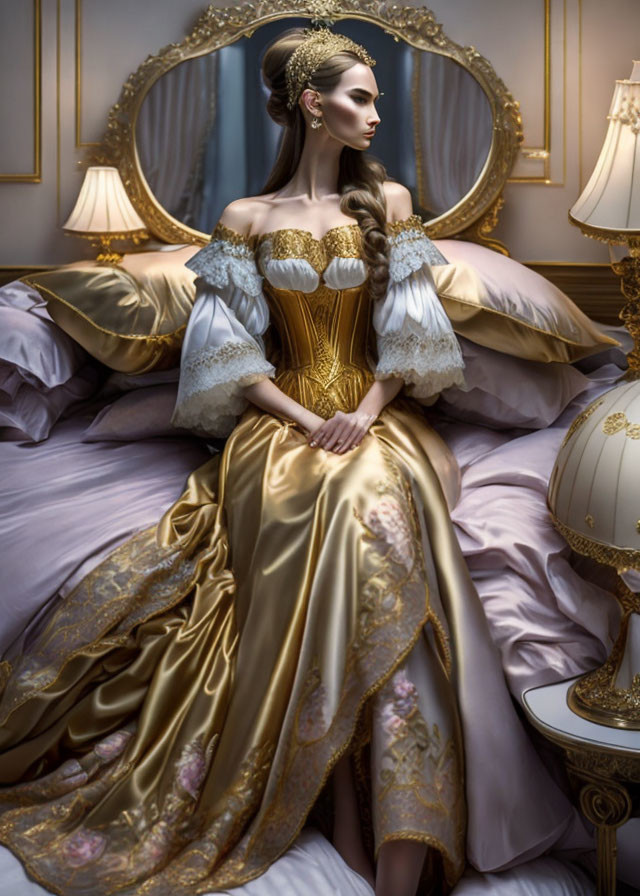 Woman in gold and white historical dress sitting on bed with ornate mirror