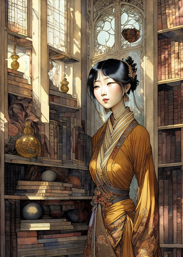 Traditional Asian Attire Woman in Sunlit Library