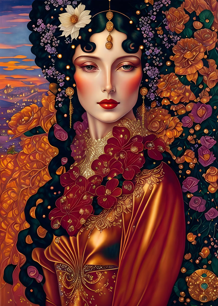 Stylized woman portrait with golden jewelry and orange flowers in twilight landscape