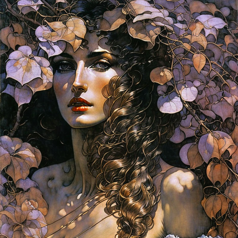 Woman with Long, Curly Hair Veiled in Leaves and Flowers