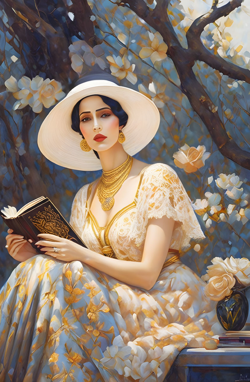 Woman in white dress reading book under blossoming tree with flowers.