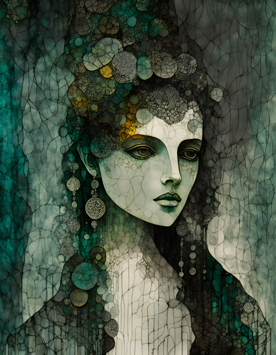 Stylized portrait of woman with green skin & intricate headpiece