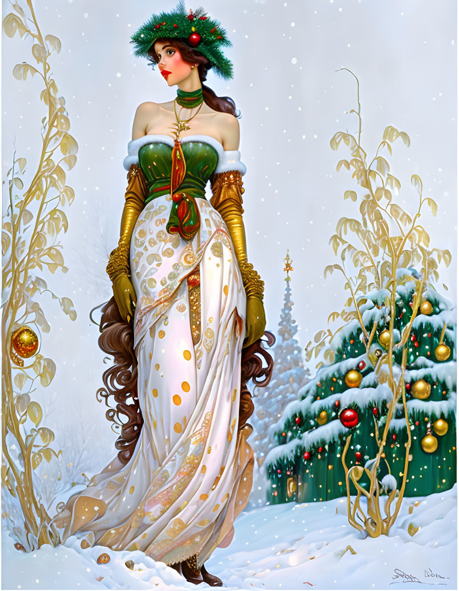 Festive woman in green and white gown in snowy Christmas scene