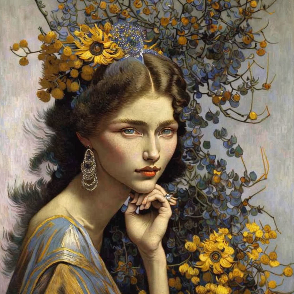 Portrait of a woman with blue eyes and golden headpiece in blue attire among yellow flowers