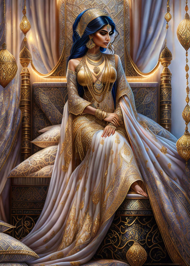 Regal woman in gold attire in ornate room