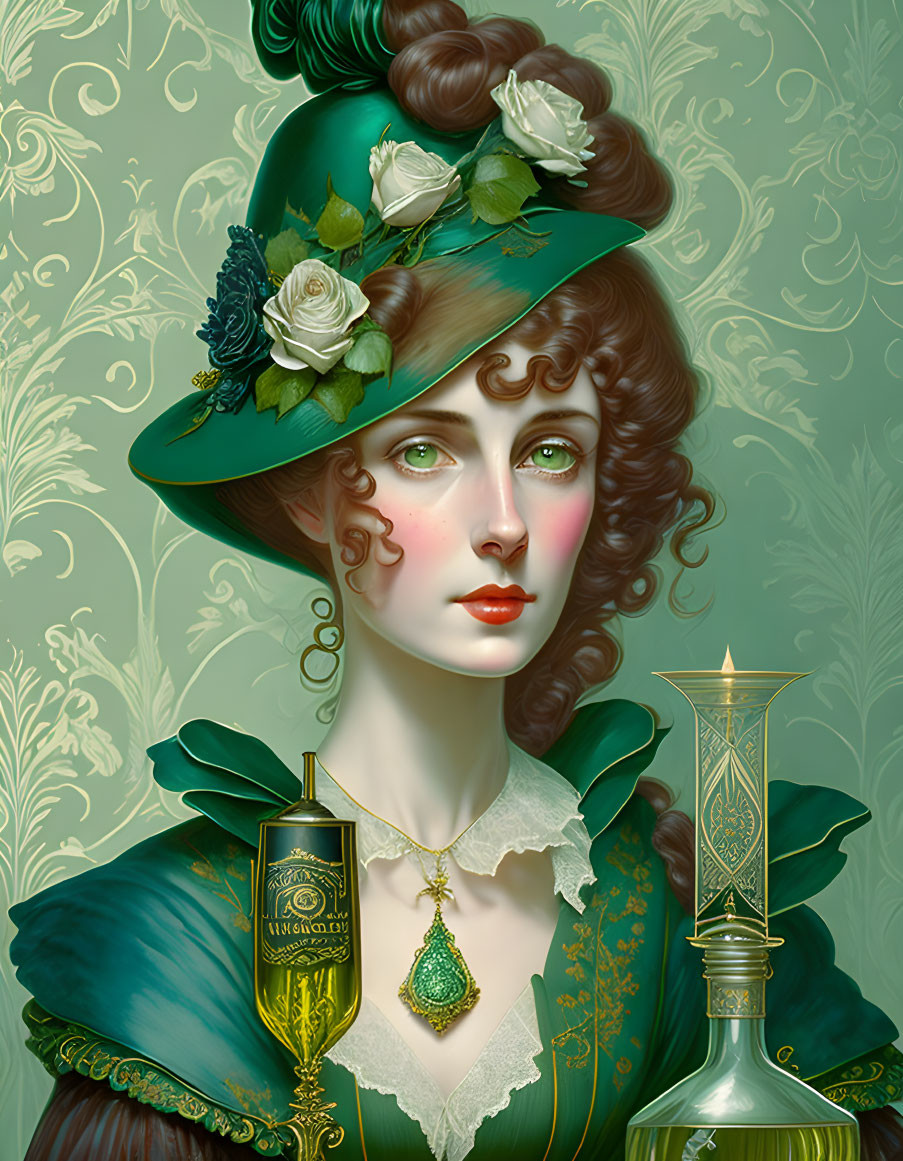 Curly-haired woman in green Victorian attire with roses, holding a golden glass and ornate bottle.