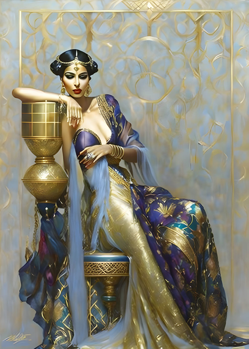 Regal woman in golden headdress and blue attire by side table