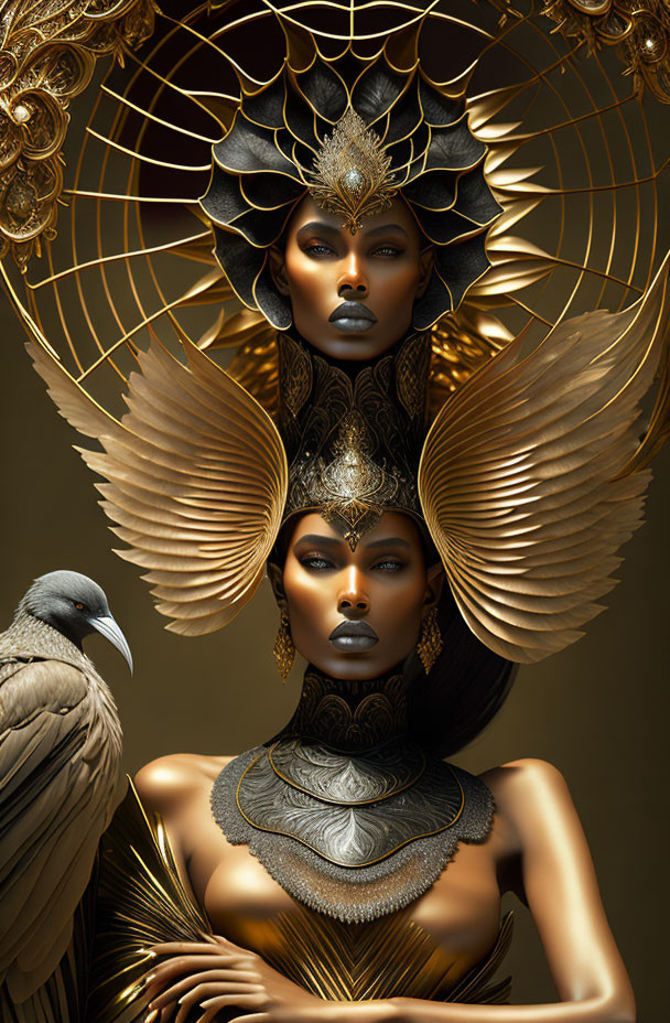 Two women in gold jewelry and headpieces against a golden backdrop with a crow.