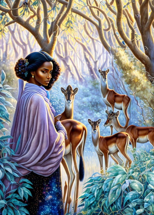 Woman in Purple Shawl Surrounded by Deer in Enchanted Forest