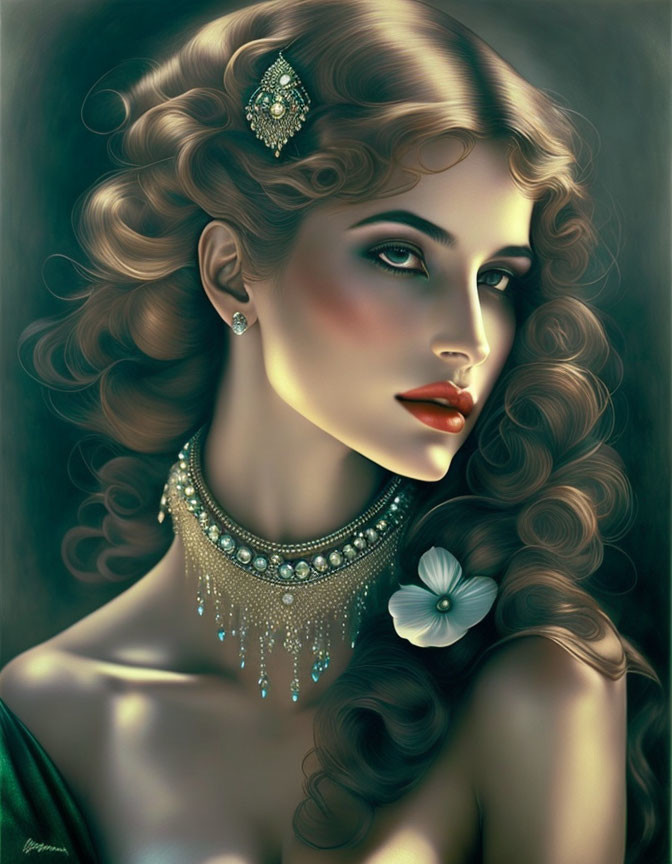 Detailed portrait of woman with curly hair and jeweled accessories.