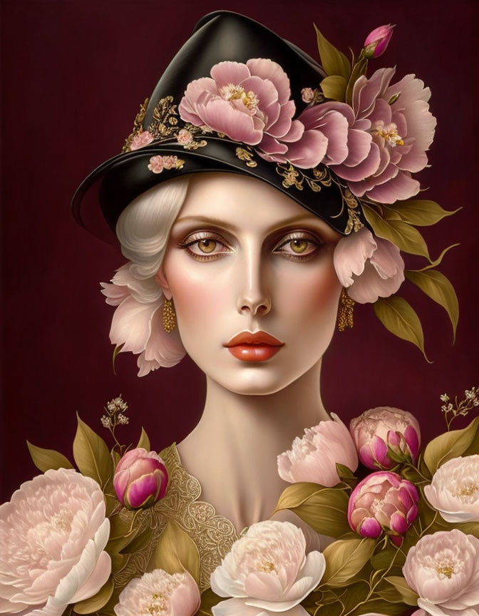 Illustration of woman with fair skin, red lips, black hat with pink flowers on maroon background