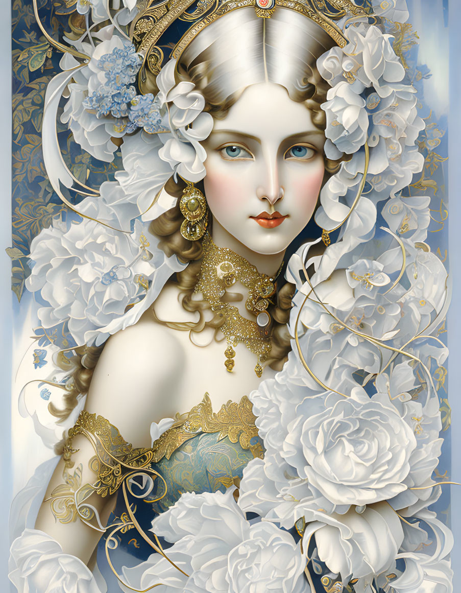 Illustrated portrait of a woman with gold jewelry and white floral motifs on blue background.