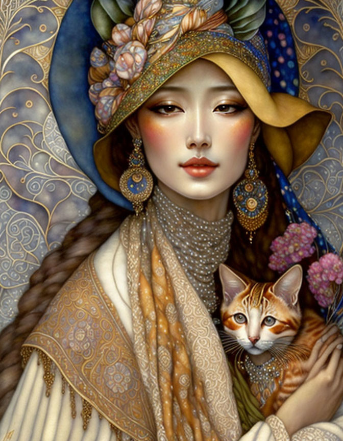 Stylized woman with ornate hat, detailed jewelry, flowing scarf, and cat portrait.