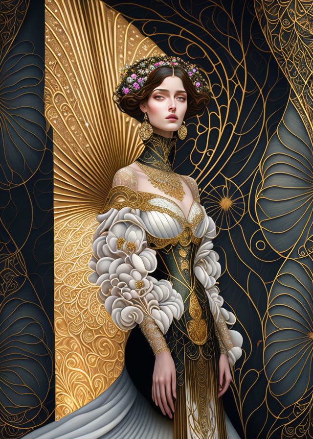 Ornate golden attire woman artwork with swirling patterns